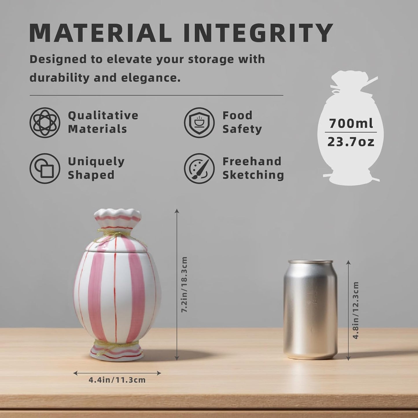 Cute Storage Jars with Airtight Lid, Funny Candy Shape Ceramic Food Container, Cookie Canister for Coffee Bean, Sugar, Tea, Spices, Cereal, Nuts, Dog Treat-700 ml / 23.7 oz(Pink Stripes)