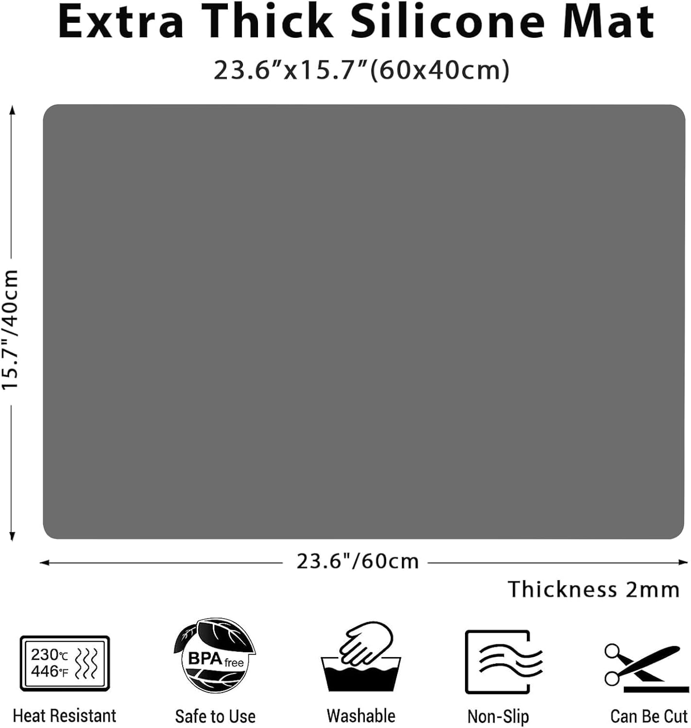 Silicone Mats for Kitchen Counter 23.6" x15.7"x0.08”, Heat Resistant Mat, Kitchen Island Silicone Countertop Protector Mat, 2MM Thick Nonslip Baking Mats, Washable Dining Table Mats, Dark Gray