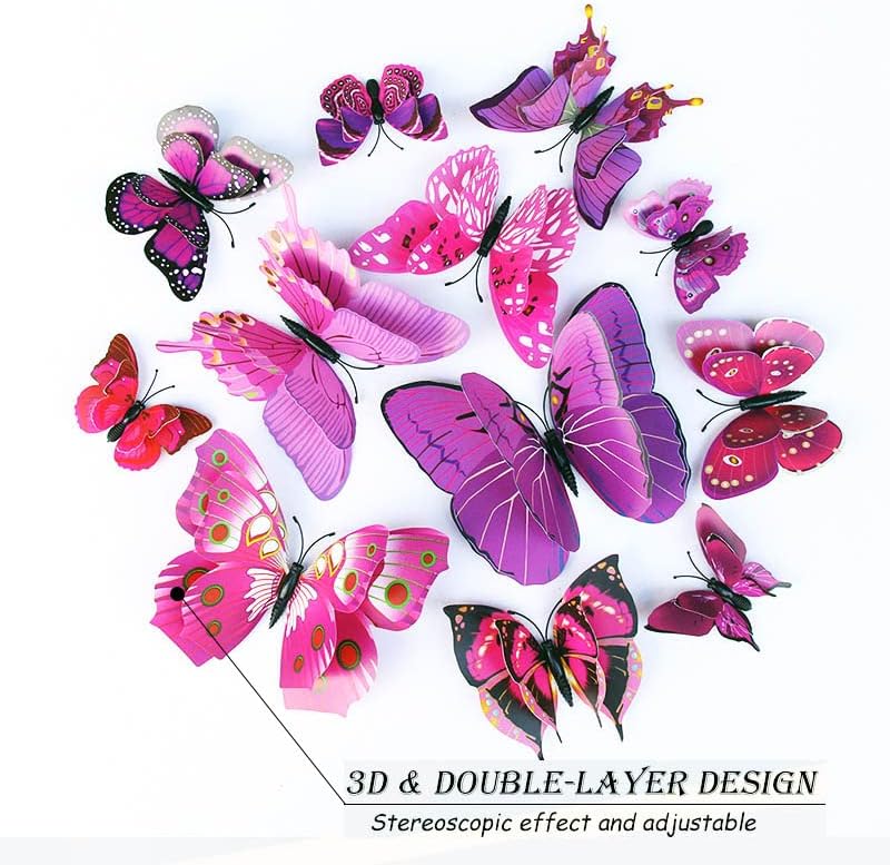 Butterfly Wall Decor 24/48 PCS, 3D Butterflies Stickers for Party Decorations with Magnets (Purple, 48)