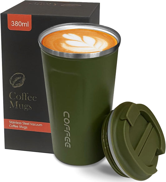 YINBAOGE Insulated Travel Coffee Mug Spill Proof Leak Proof Pobtable To Go Camping Stainless Steel Coffee Tumbler Reusable Coffee Cups with Lids Thermos for Hot and Cold Drink (2nd-Green, 12 OZ)