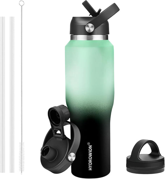 HYDROWION 40 oz Insulated Water Bottle with Straw fit in Car Cup Holder(Cold 48 hrs, Hot 24 hrs) Drinking Bottle with Straw Lid, Spout Lid and Flex Cap Leakproof Travel Thermo Mug，Mint - Black