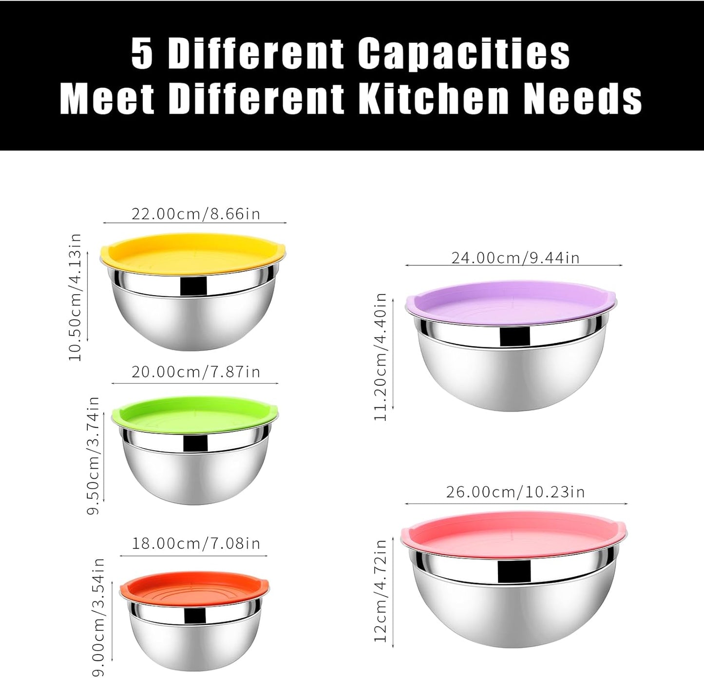 Lazycorner Mixing Bowls with Airtight Lids Set 5 Pcs Stainless Steel Bowls Set Baking Set Non-Slip Silicone Bottoms Great for Serving & Baking