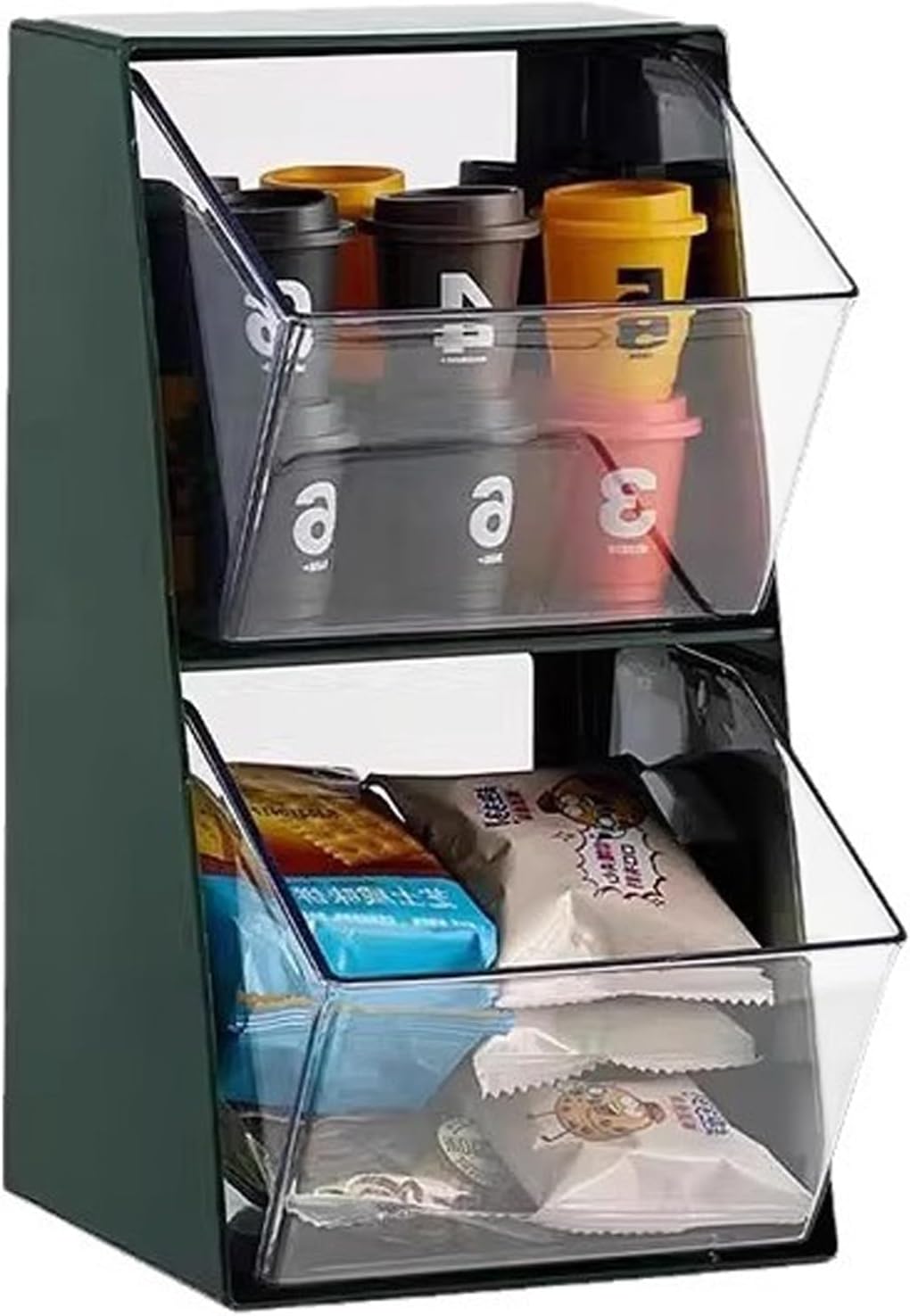 K Cup Holder, Large Capacity Tea Bag Organizer with 2 Drawers, Clear Coffee Pod Storage for Creamer, Sugar, Snack, Stationery, Cookies, Hair Tie - Green