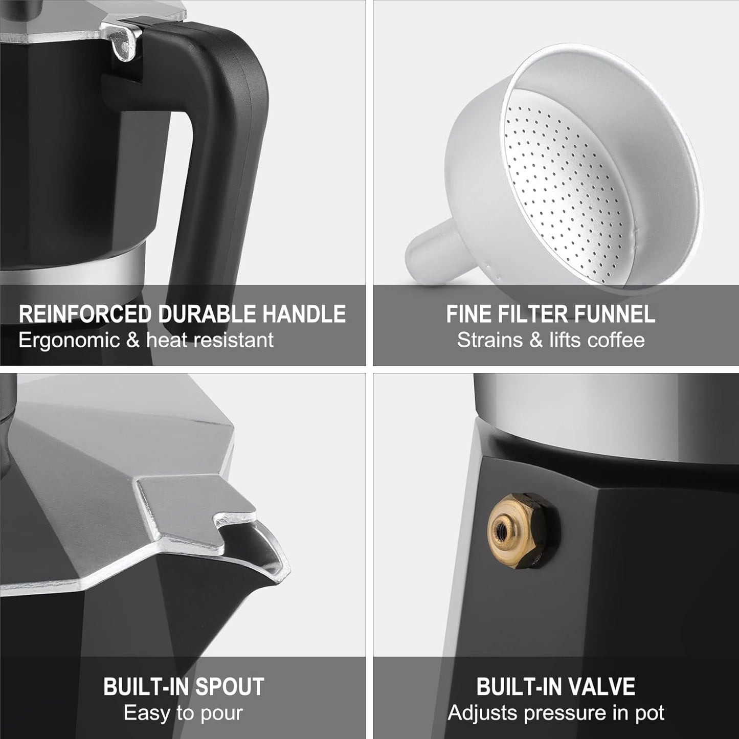 Sivaphe Aluminum Moka Pot 9 Espresso Cups, Percolator Espresso and Coffee Maker, Portable Stovetop Italian and Cuban Café Brewer for Home and Camping Black