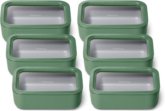 Caraway 6pc Glass Food Storage Set – 6.6 Cup Food Containers (6) - Ceramic Coated - Non Toxic, Non Stick with Lids - Microwave Safe - Sage