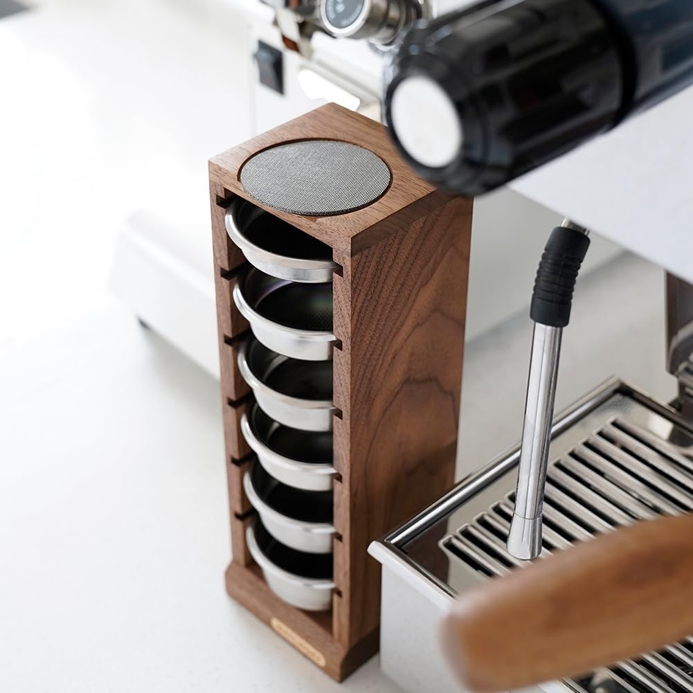 watchget 58mm Espresso Filter Basket Stand, Walnut Wooden Storage Holder for 6Pcs Coffee Baskets and Puck Screens - Espresso Machine Accessories Coffee Station Organizer Rack