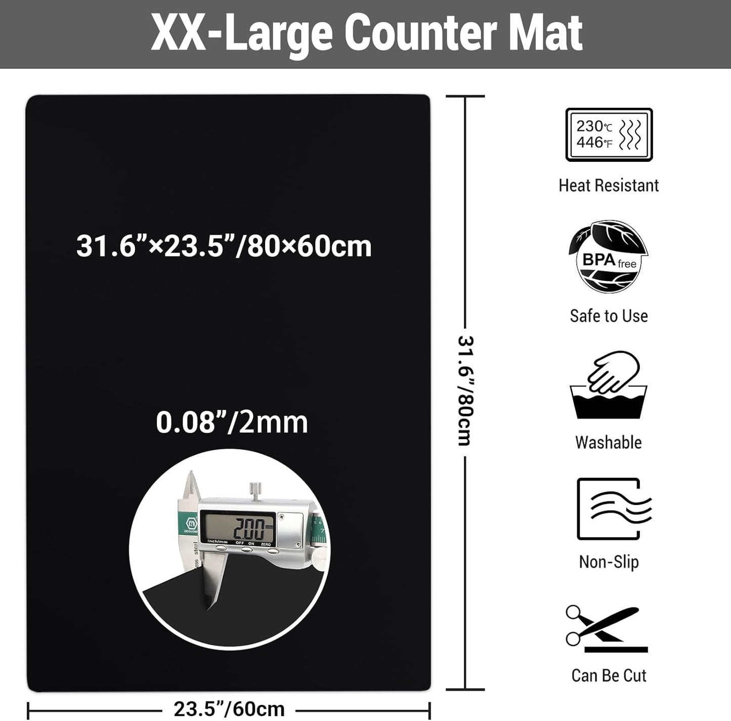 Ewen 31.6"x23.5" Large Silicone Kitchen Counter Mat, 2mm Thick Heat Resistant Silicone Countertop Protector Mat Cover for Baking Air Fryer Toaster Oven Microwave Coffee Maker Cutting Board Drill Black