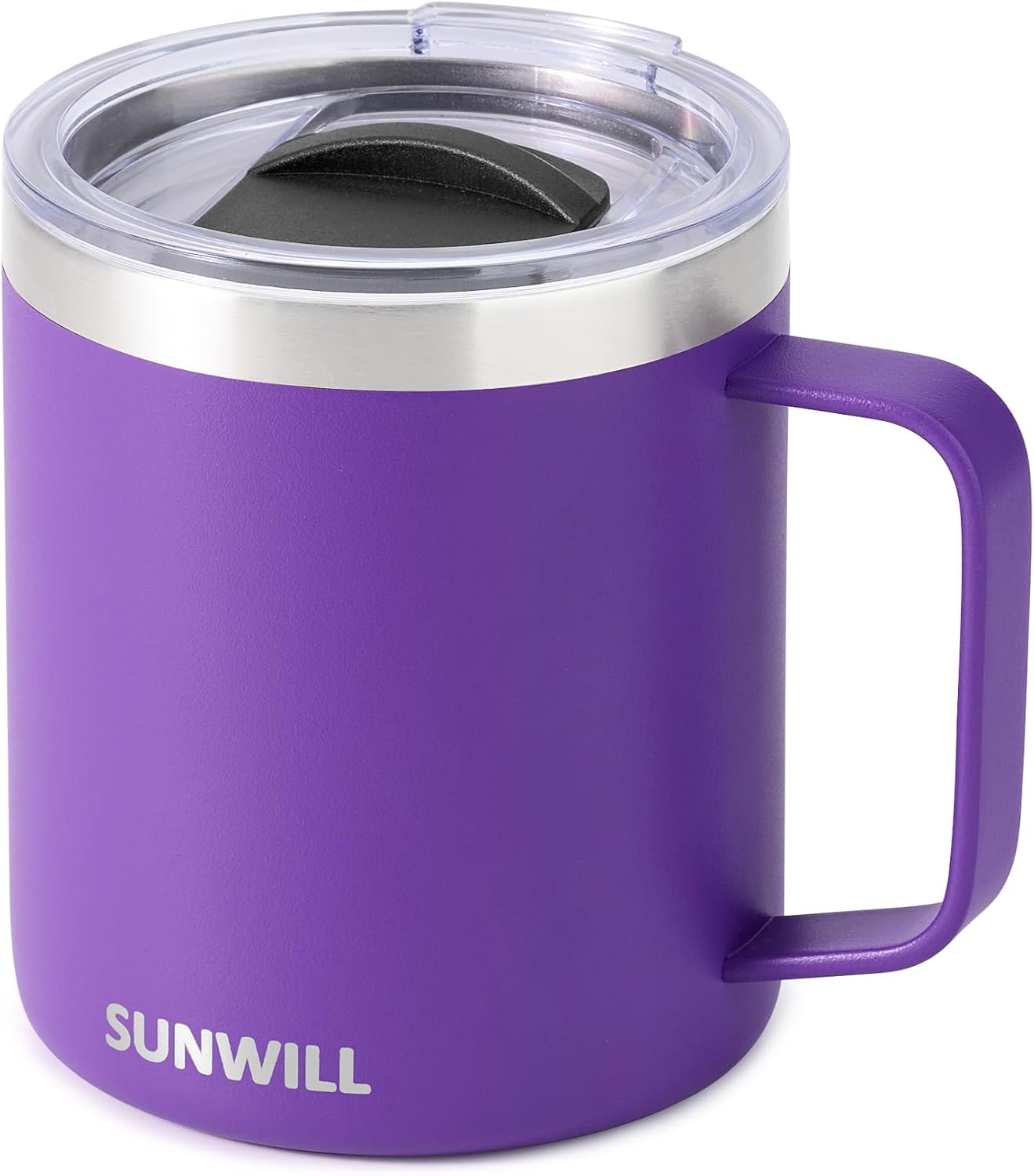 SUNWILL Insulated Coffee Mug with Lid, Travel Tumbler with Handle, 14 oz Stainless Steel Cup for Camping, Office, Home, Powder Coated Purple
