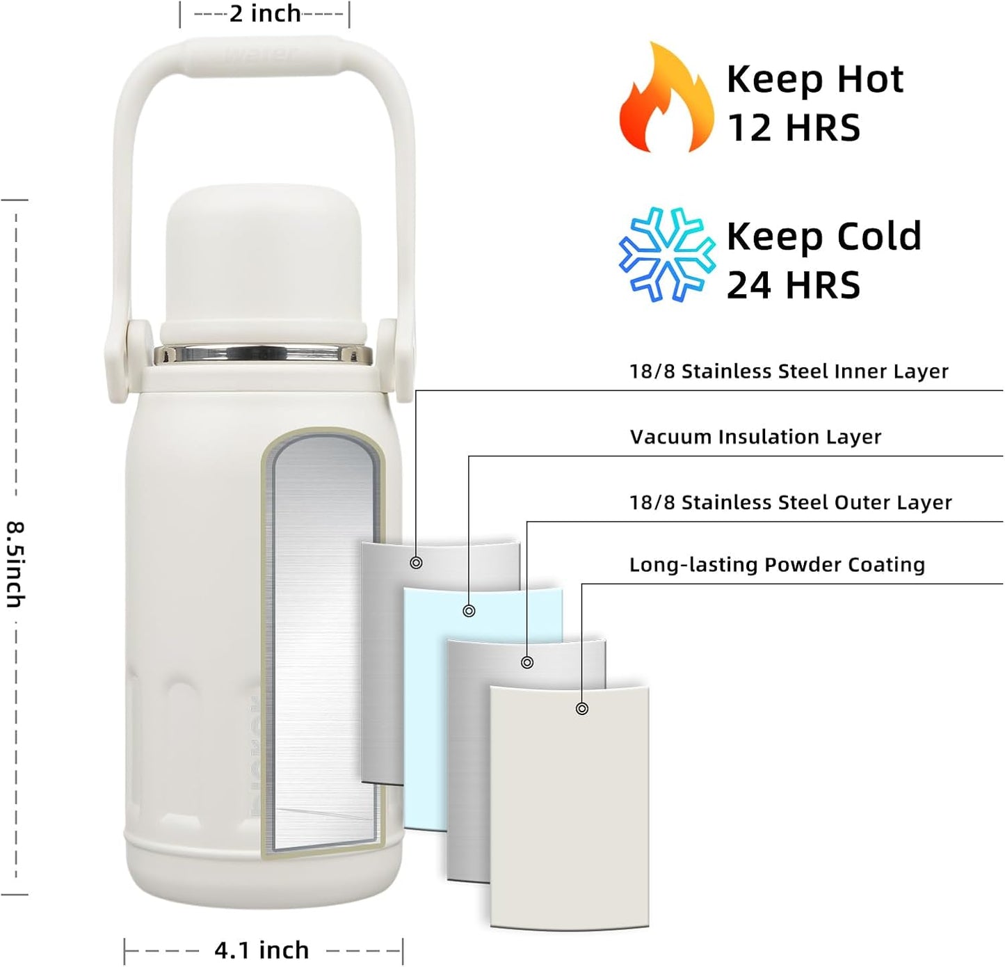 BJPKPK Insulated Water Bottle Leak Proof 27oz Stainless Steel Water Bottles with Handle and Lid Travel Metal Thermos,Beige