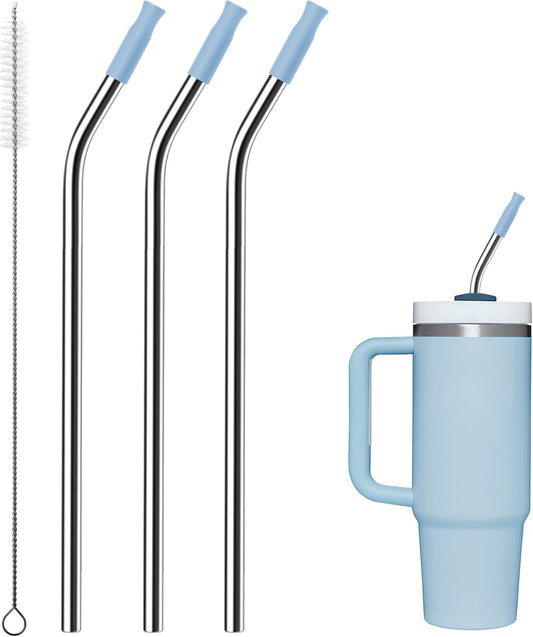 Reusable Stainless Steel Straws with Silicone Tip for Stanley 30oz, Metal Drinking Straws for 30oz Tumbler,3 Bent Tubes & 6 Tips& 1 Cleanr Brush (Chambray)