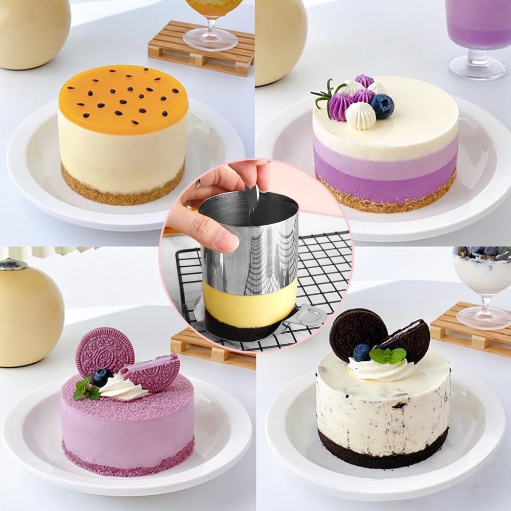Round Cake Mold, Stainless Steel Mousse Tart Ring Cake Ring Tower Pie Cake Mold Baking Tools Including Pusher and Lifter Baking Accessories-8PCS, 2.9 x 2in