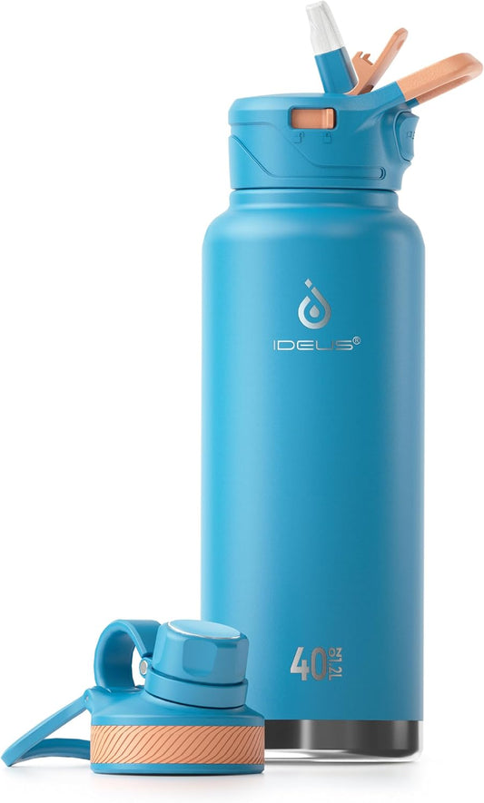 IDEUS Insulated Stainless Steel Water Bottle with 2 Leak-Proof Lids, Thermal Water Flask for Hiking Biking, 40oz, Blue Atoll
