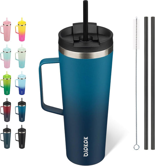 BJPKPK Insulated Tumbler with Handle, 26oz Insulated Tumblers with Lid and Straw, Stainless Steel Metal Water Bottles, Coffee Travel Mugs, Cups, Sea