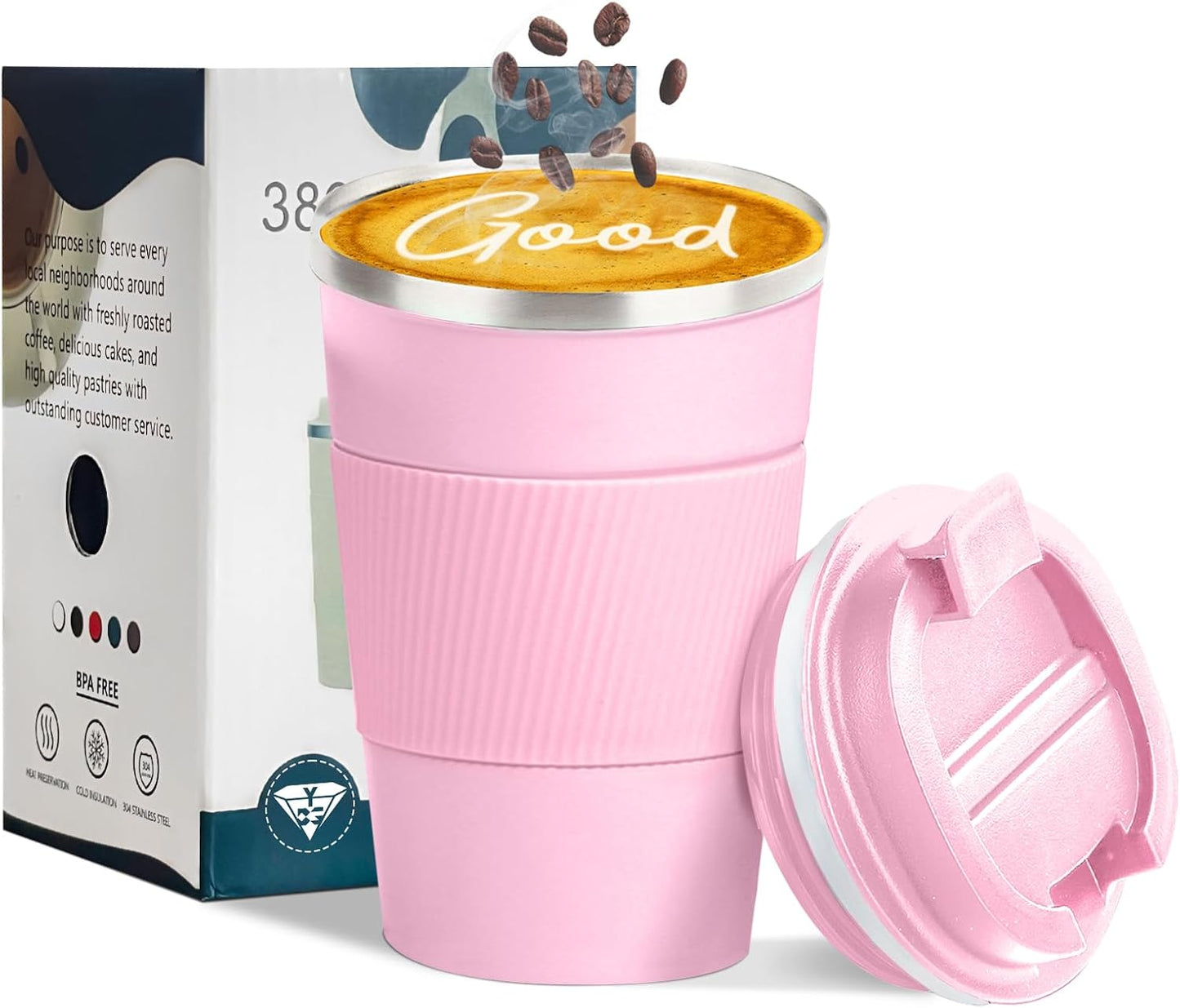 YINBAOGE Insulated Travel Coffee Mug Spill Proof Leak Proof Pobtable To Go Camping Stainless Steel Coffee Tumbler Reusable Coffee Cups with Lids Thermos for Hot and Cold Drink (Pink, 12 OZ)