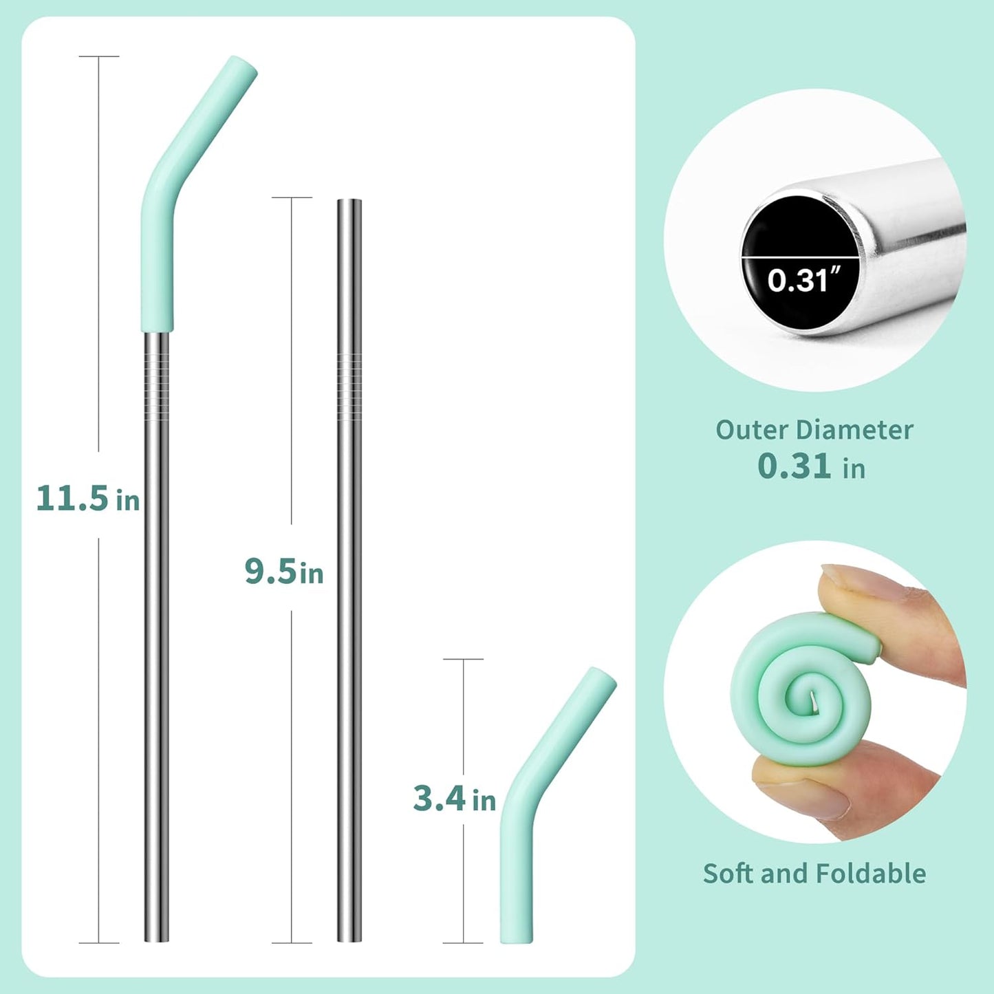 Stainless Steel Straw for 30 oz YETI Tumbler, 9.5in Metal Straight Straws Reusable with Silicone Tip for Milk, Juice, Cola, Coffee- 2 Cleaning Brushes & 1 Portable Bag