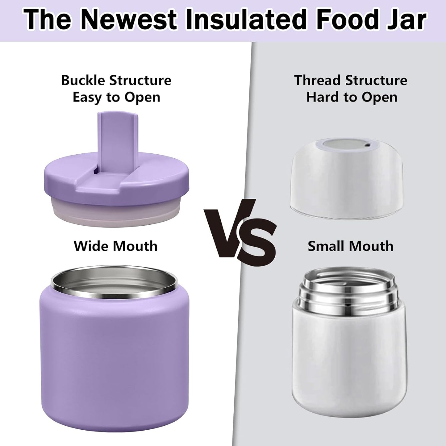 26oz Kids Thermos for Hot Food, Insulated Vacuum Food Jar with Buckle Lid, Stainless Steel Wide Mouth Leak Proof Insulated Lunch Container for School Picnic Travel, Purple