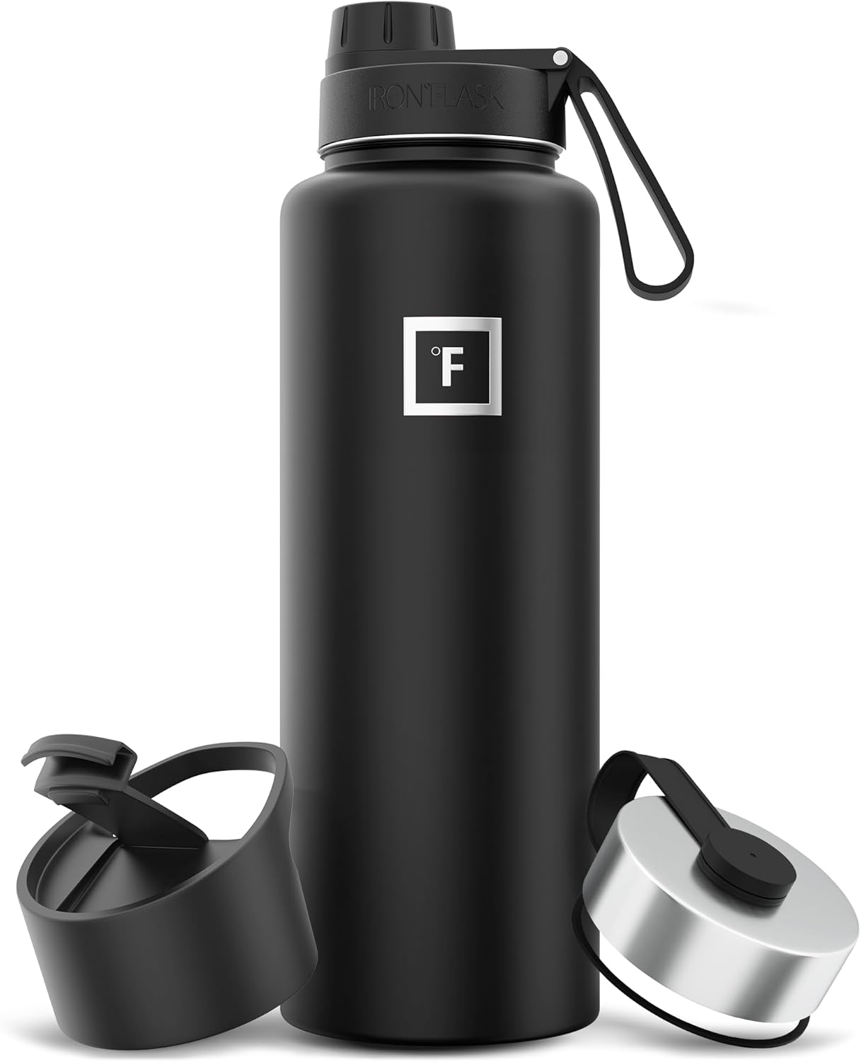 IRON °FLASK Camping & Hiking Hydration Flask with 3 Lids - Stainless Steel, Double Walled & Vacuum Insulated Water Bottle - Leak Proof & BPA Free (Midnight Black, Spout - 40 oz)