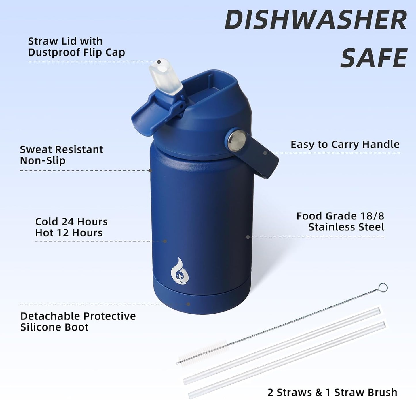 BJPKPK Insulated Water Bottle with Straw Lid, 12oz Thermos Water Bottles, Flex Handle & Non-slip Boot, BPA Free Leak Proof Stainless Steel Metal Thermos, Tumblers, Cups,Klein Blue