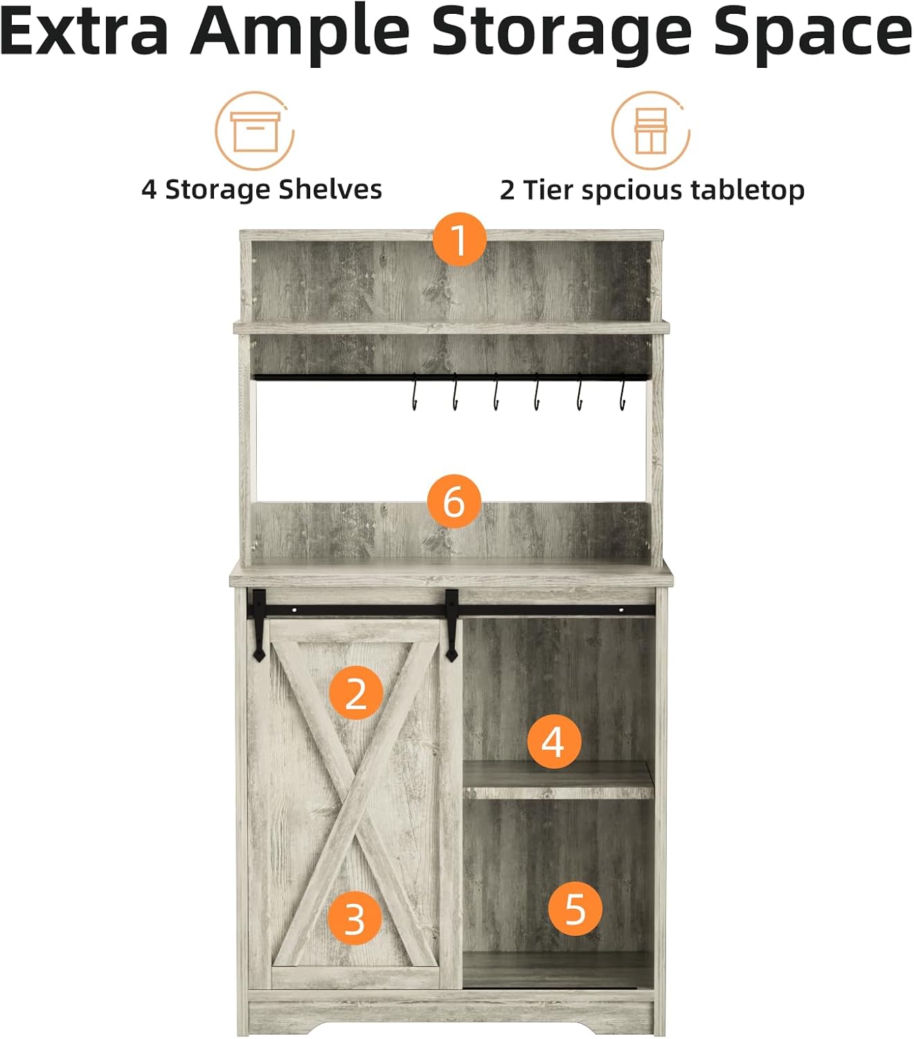 Farmhouse Coffee Bar with 3 Tier Storage Hutch, 56 Inch Small Coffee Station with 6 Hooks, Corner Bar Table with Adjustable Shelves for Living Dining Room (Grey)