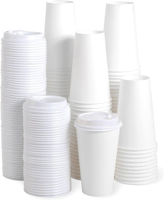 JOLLY PARTY [100 Pack] 16 oz Paper Coffee Cups, Disposable Paper Cup with Lids, Hot/Cold Beverage Drinking Cup for Water, Juice, Coffee or Tea, Suitable for Home, Shops and Cafes