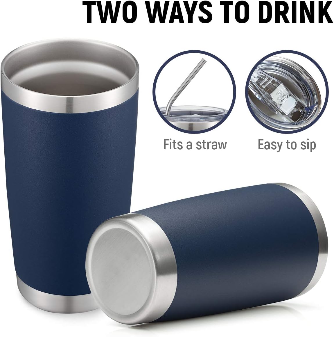 COMOOO 20oz Double Wall Vacuum Insulated Travel Mug, Stainless Steel Tumbler with Lid and Straw Durable Powder Coated Insulated Coffee Cup for Cold & Hot Drinks (Navy. 2 pack
