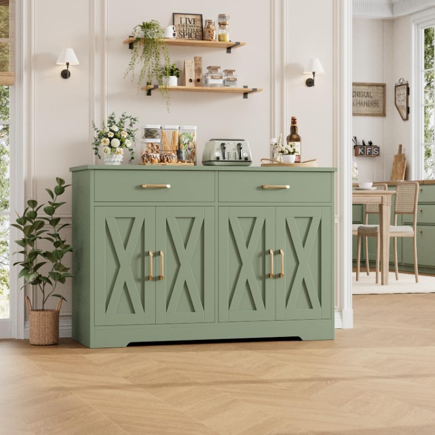 HOSTACK Buffet Cabinet with Storage, 47.2" Kitchen Sideboard Buffet with Drawers, Modern Farmhouse Coffee Bar Station with Shelves, Barn Doors Storage Cabinet for Living Room, Green
