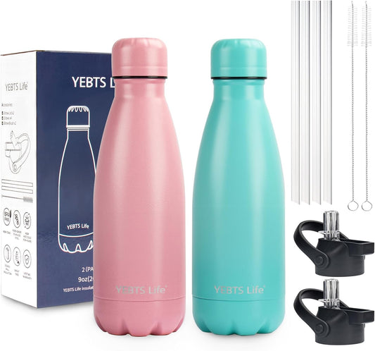 Insulated Water Bottle, 2 Pack-9oz Stainless Steel Water Bottles with straw lid, Metal Sports Water Bottles for Boys,Girls, Double Wall Vacuum BPA-Free Flask for School, Sports (Pink-Green)