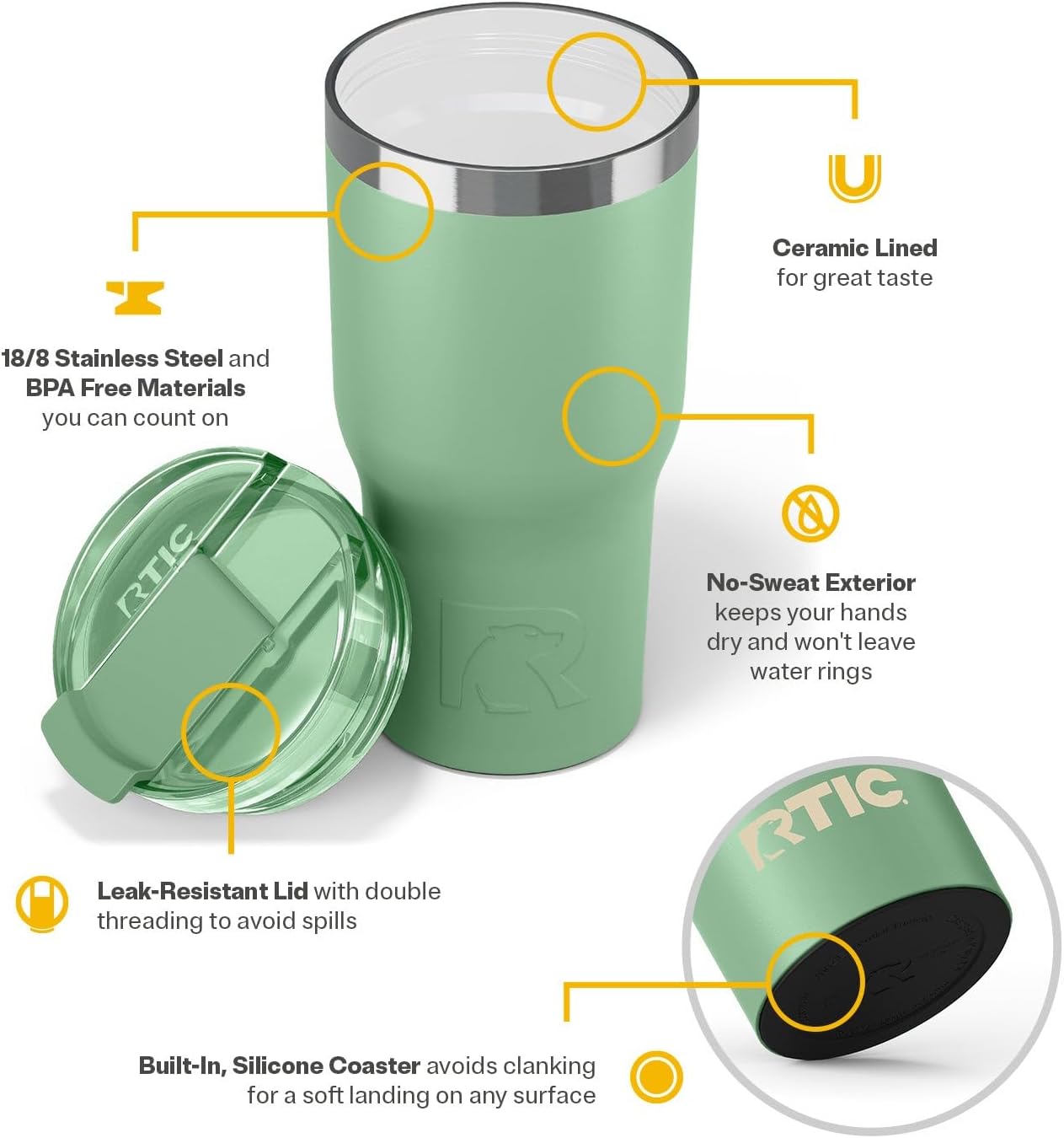 RTIC 20oz Essential Tumbler with Lid, Insulated, Stainless Steel, Metal, Double Wall Vacuum-Insulation, Ceramic Lined, Travel Cup for Iced Coffee, Tea, Hot and Cold Drink, Sage