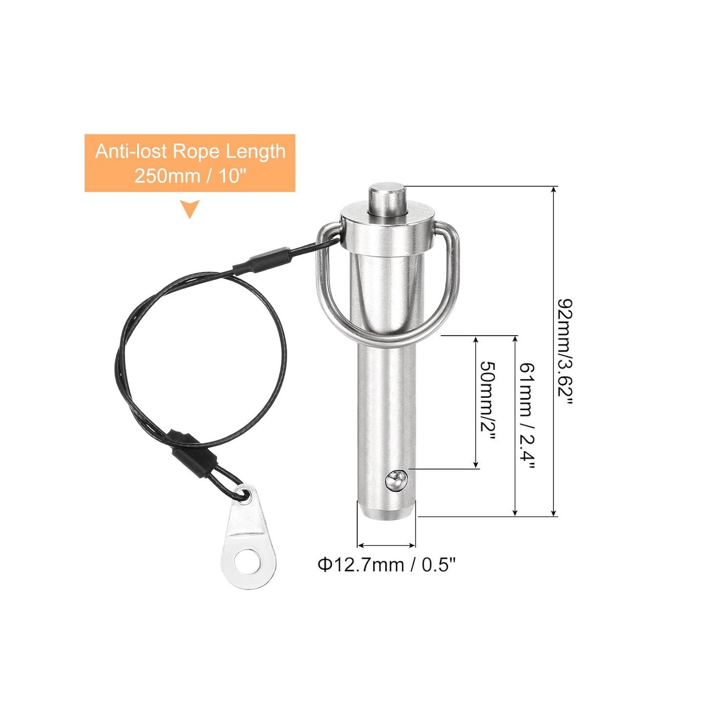 uxcell 1 Pcs Quick Release Pin, 1/2" x 2"(Dia. x L) Push-Button Ball Locking Pin 304 Stainless Steel Ring Handle Locking Pin with Wire for Audio Bimini Top Marine, Silver