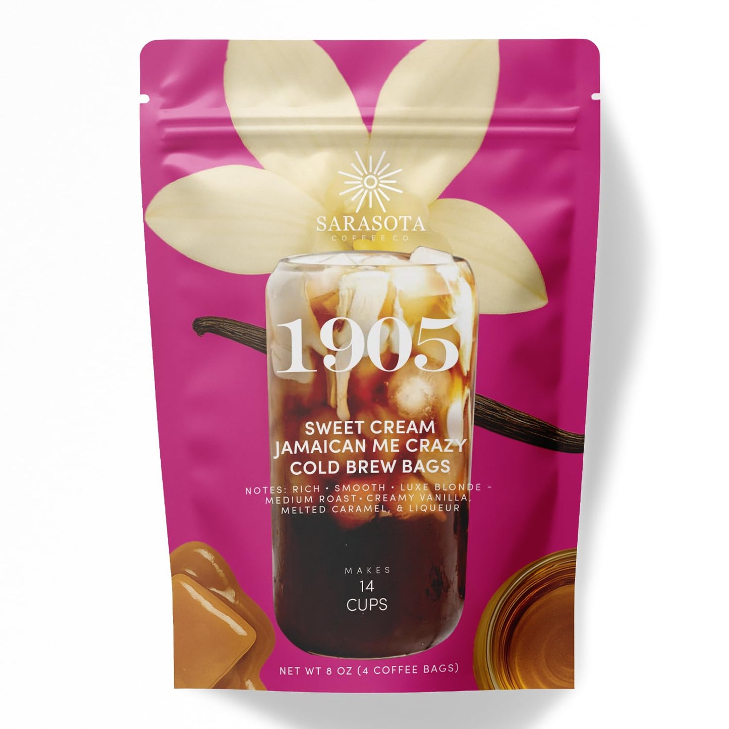 Sarasota Coffee 1905 Cold Brew Coffee Bags | Sweet Cream Jamaican Me Crazy | Blonde-Medium Roast | Smooth & Low Acid | Ground Filter Packs | Cold Brew Kit Makes 14 Cups | Creamy Vanilla & Caramel Notes