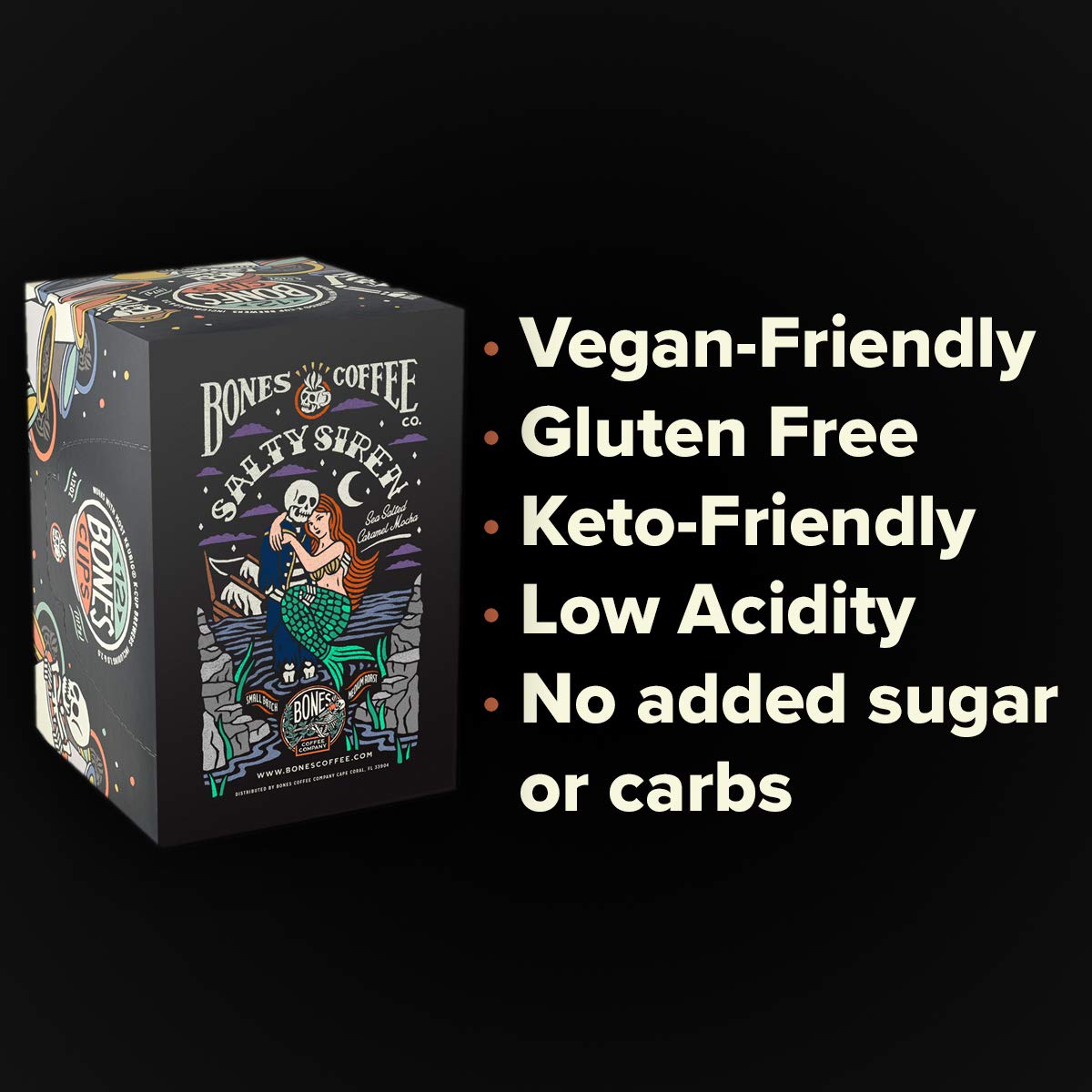 Bones Coffee Company Flavored Coffee Bones Cups Salty Siren Caramel Chocolate | 12ct Single-Serve Coffee Pods Compatible with Keurig 1.0 & 2.0 Keurig Coffee Maker