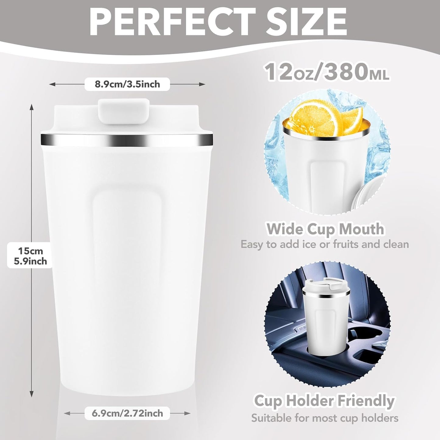 Volhoply 12 oz Double Wall Insulated Vacuum Travel Coffee Mug with Flip Lid Bulk 8 Pack,Reusable Stainless Steel Leak Proof Coffee Cup,Portable Cafe Thermal Tumblers for Hot & Cold Drinks(White,8 Set)