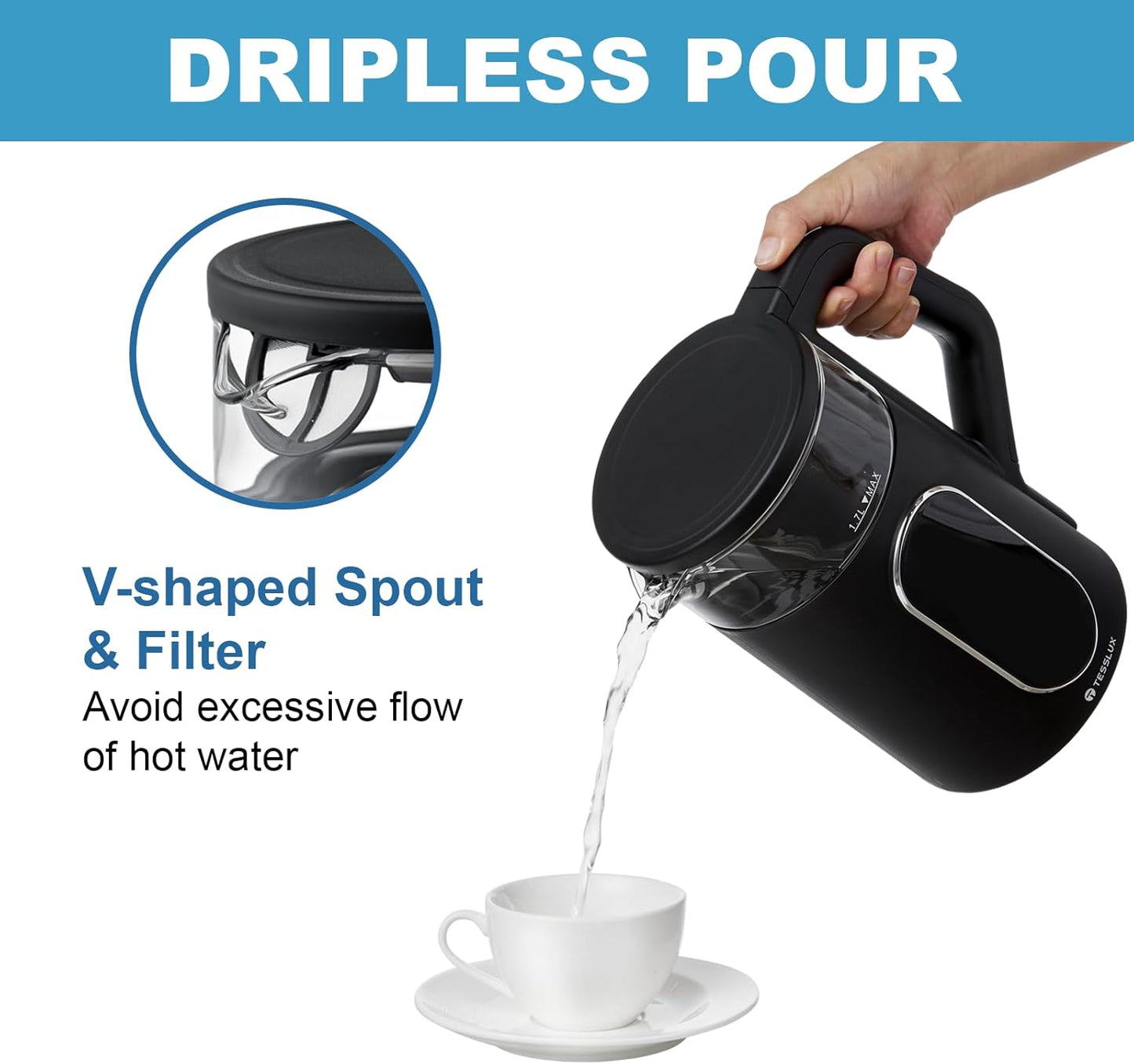 Electric Kettle, 1500W Fast Boiling Glass Water Kettle with Temperature Control, 1.7L Cordless Stainless Steel Base, Keep Warm & Auto Shut-Off, BPA-Free, Black