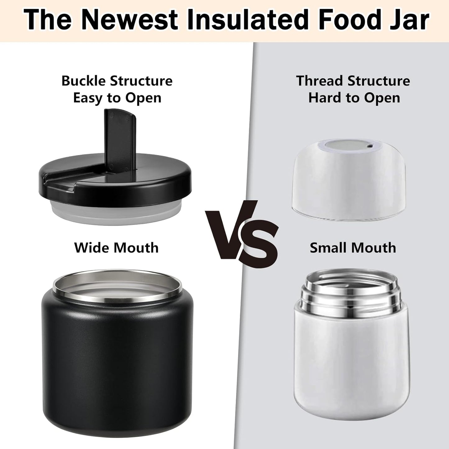 26oz Kids Thermos for Hot Food, Insulated Vacuum Food Jar with Buckle Lid, Stainless Steel Wide Mouth Leak Proof Insulated Lunch Container for School Picnic Travel, Black