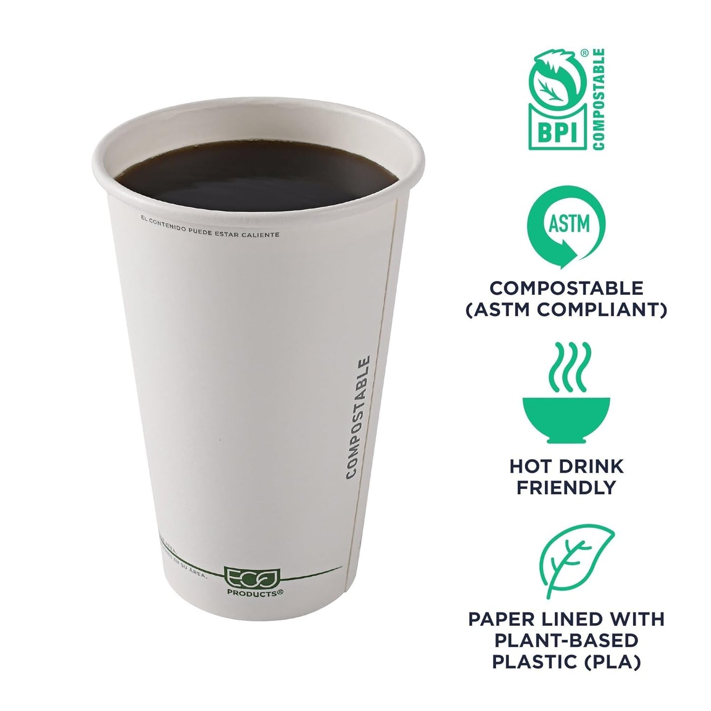 ECO PRODUCTS Compostable Disposable GreenStripe 16oz Coffee Cups, Case of 1000, White Single Wall Hot Paper Cup, Plant Based PLA Lining, Biodegradable