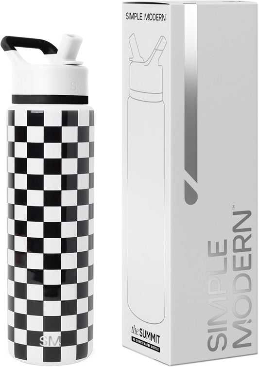 Simple Modern Water Bottle with Straw Lid | Vacuum Insulated Stainless Steel Metal Thermos | Reusable Leak Proof BPA-Free Flask for Sports Gym | Summit Collection | 30oz, Black and White Checkmate