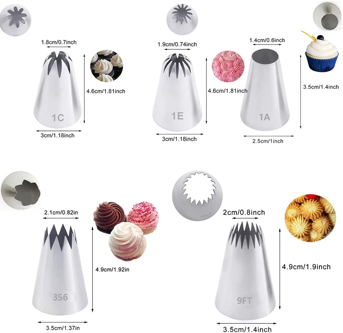 Piping Tips Large Pastry Tips Set,Cake Cream Decorating Tips for Frosting,Icing Piping Nozzle For Cupcakes Cakes Cookies(1A,1C,1E,356,9FT)