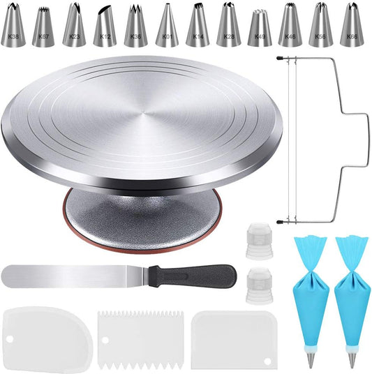 Kootek 22pcs Cake Decorating Supplies Kit, Baking Tools with 12" Aluminium Cake Turntable Rotating Cake Stand, Piping Bags and Tips Set, Icing Spatula, Cake Leveler, 3 Icing Scrapers for Mother's Day