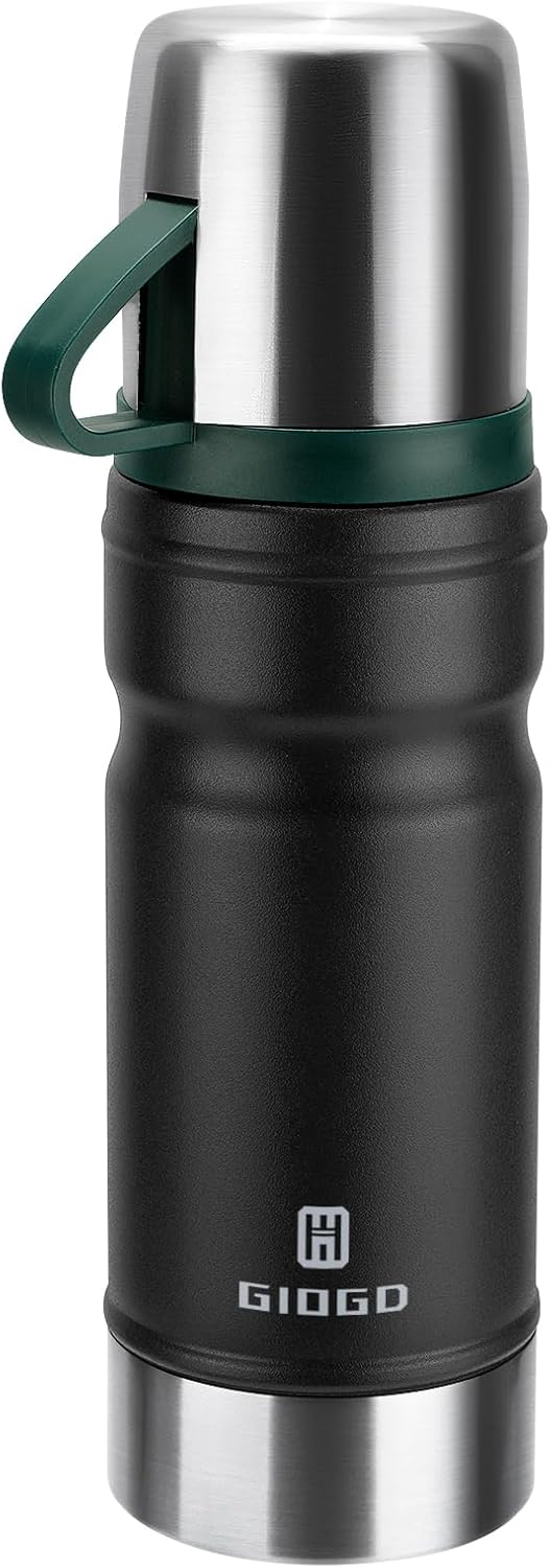 Vacuum Insulated Water Bottle Thermo Water Flask with Cup 680ml/23oz Stainless Steel Thermal Water Bottles Thermo for Hot and Cold Drinks Coffee Water(Black,Single)