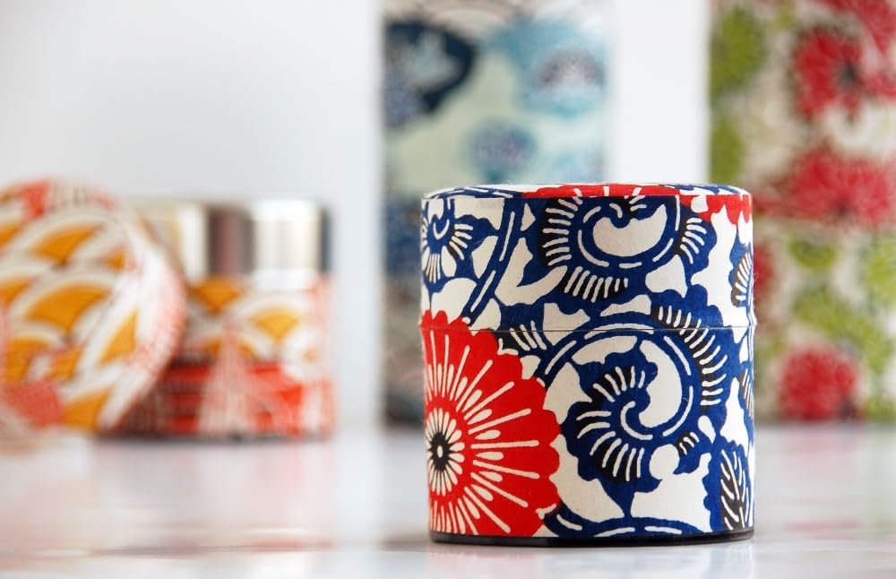 Japanese Pokkan Coffee Spice Tea Tin Canister Washi Paper Storage with Lid 7.05 oz Capacity (Eto, S)