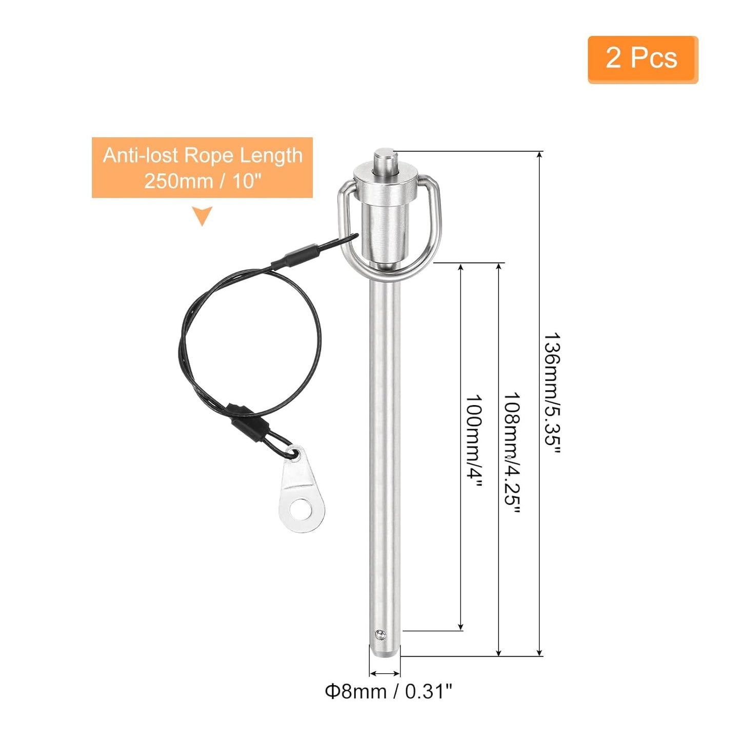 uxcell 2 Pcs Quick Release Pin, 5/16" x 4"(Dia. x L) Push-Button Ball Locking Pin 304 Stainless Steel Ring Handle Locking Pin with Wire for Audio Bimini Top Marine, Silver