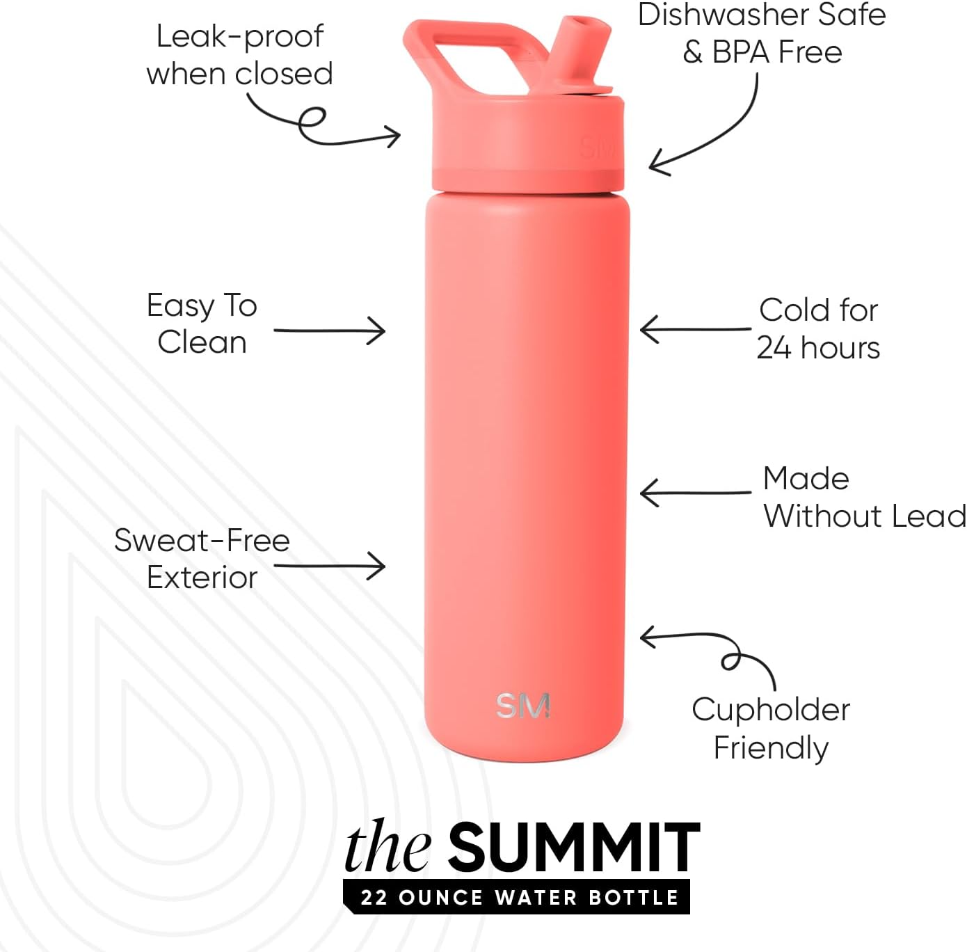Simple Modern Water Bottle with Straw Lid | Vacuum Insulated Stainless Steel Metal | Reusable Leak Proof BPA-Free Cup for School | Summit Collection | 22oz, Honolulu