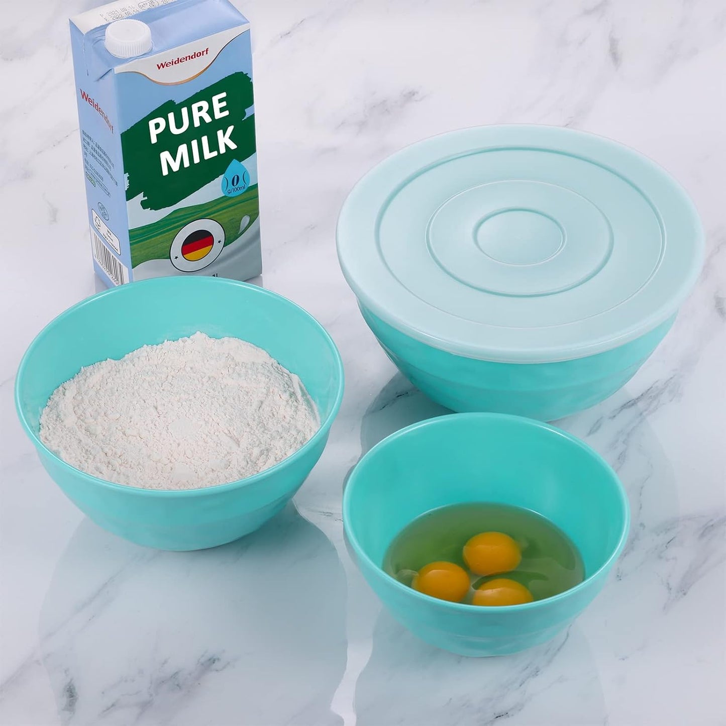 TP Mixing Bowl Set with Lids, 6-Piece Melamine Nesting Bowls Set for Pasta Baking Salad Mixing, Set of 3, Glossy Turquoise