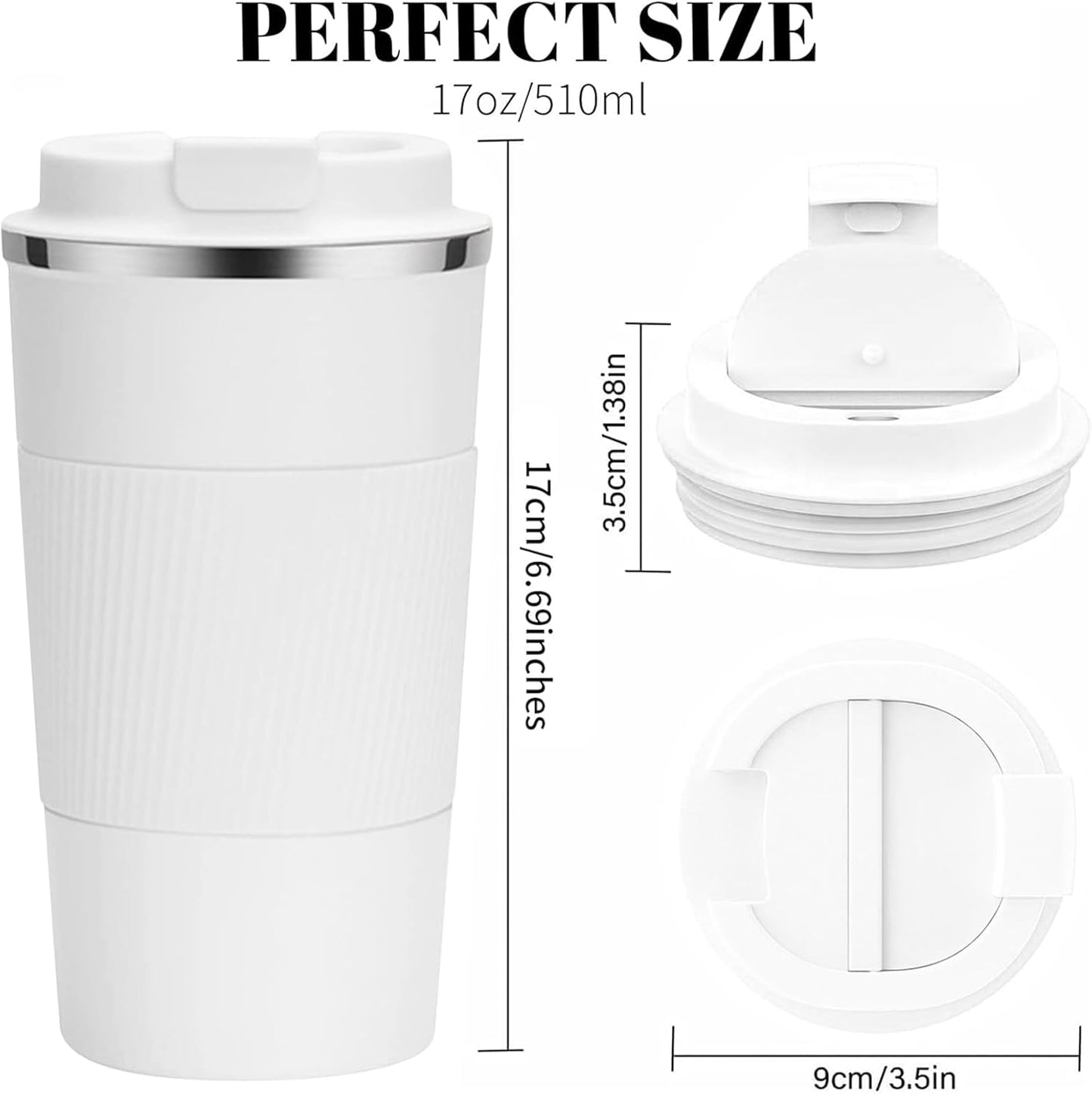 YINBAOGE Insulated Travel Coffee Mug Spill Proof Leak Proof Pobtable To Go Camping Stainless Steel Coffee Tumbler Reusable Coffee Cups with Lids Thermos for Hot and Cold Drink (White, 17 OZ)