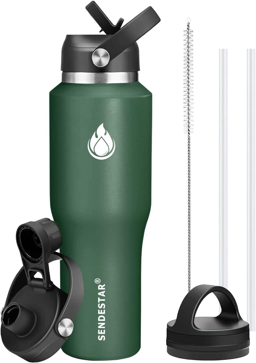 SENDESTAR 40oz Water Bottle Wide Mouth Stainless Steel Vacuum Insulated Double Wall with 2 Straw Lids Fit in Any Car Cup Holder TXIN-40-Dark Green