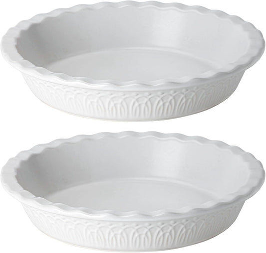 Fun Elements Ceramic Pie Pan, 9 Inch Pie Dish for Baking, Ruffled Pie Plate, Non-Stick Deep Dish Pie Pan for Apple Pie and Pot Pie, Thanksgiving Christmas Gifts, Set of 2, White