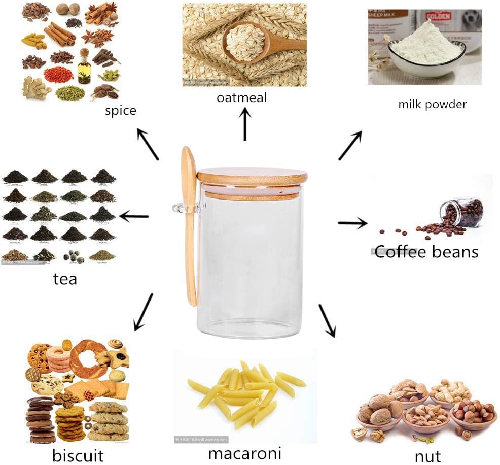 Glass Jars with Bamboo Lids and Spoon, 17 OZ Set of 3 Small Glass Sugar Container with Wooden Lids and Scoop, Coffee Tea Jars for Loose Tea, Coffee Bar Containers