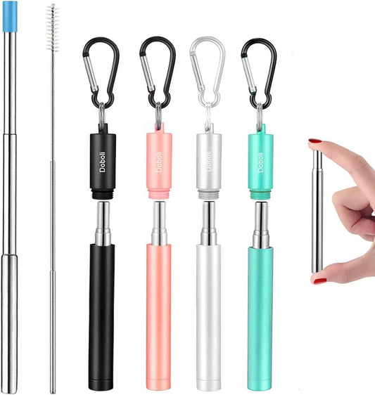 4 Pack Reusable Metal Straws Collapsible Stainless Steel Drinking Straw Travel Portable Telescopic Straw with Case for Cruise Ship Essentials Black-Rose Gold-Silver-Turquoise