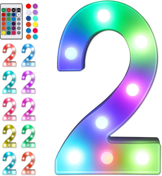 Foaky Colorful LED Number Lights with Remote,Marquee Light Up Number Sign for Night Light Wedding/Birthday Party Battery Powered Christmas Lamp Home Bar Decoration (2)