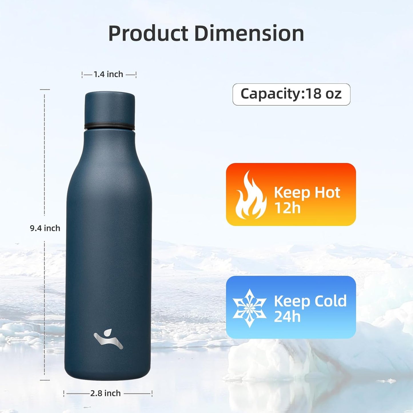 Insulated Water Bottle with Strap,18 oz Double Wall Stainless Steel Vacuum Bottles Metal Water Flask,Navy Blue